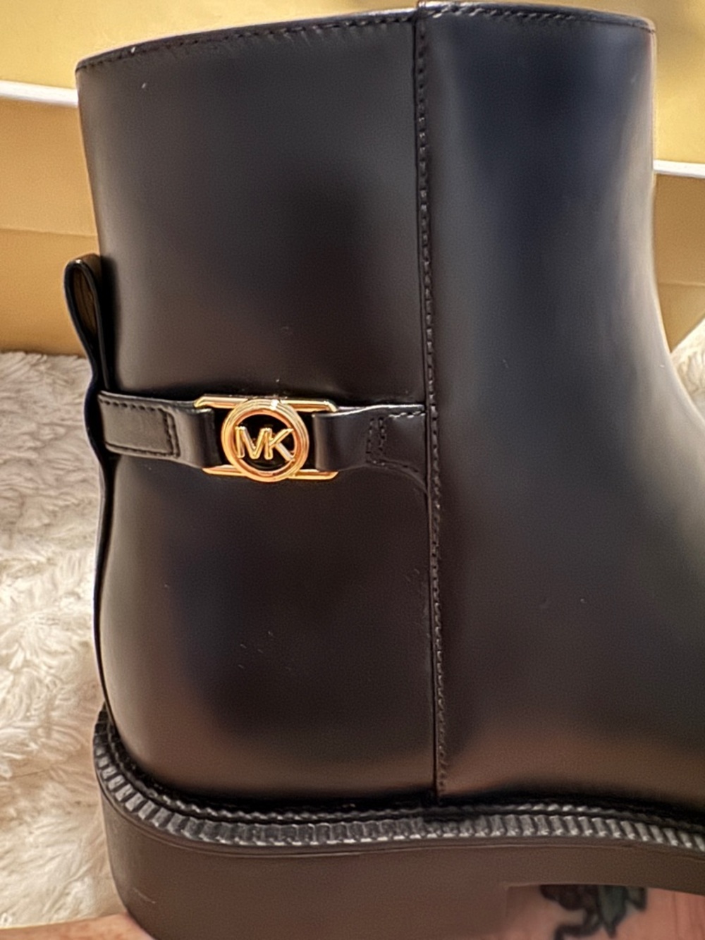 Michael Kors Black Faux Leather Ankle Boot with Gold MK Emblem size 8